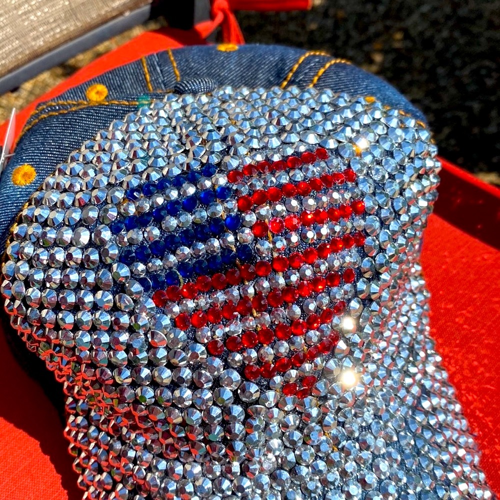 NWT Red white & blue super bling baseball cap patriotic denim back one size